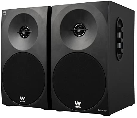 Woxter Dynamic Line 410 – Altavoces estéreo 2.0 Autoamplificados con 150W de potencia, Madera, Woofer de 4 pulgadas, 2 Tweeter, 3.5 mm, RCA, Control volumen, agudos, graves, Bookself Speakers, Negro