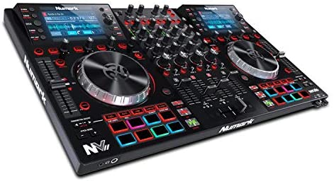 Numark NVII - Controlador de DJ profesional de Doble Pantalla de alta resolución y 4 Decks para Serato DJ (Incluido) con Platos Metálicos, 16 Pads Sensibles a la Velocidad y Paquetes Toolroom Remix