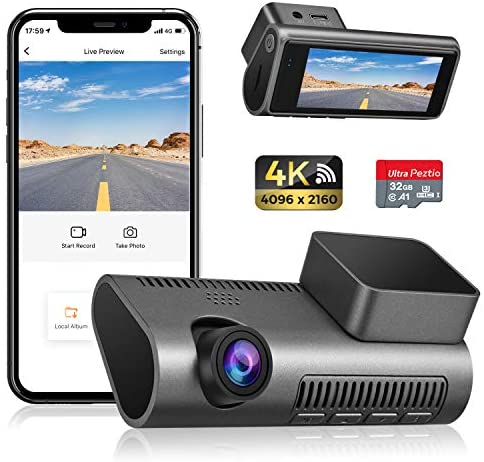 Dash Cam 4K WiFi Ultra HD 2160P Car Dash Cam with SD Card Included, Dash Camera for Cars with Night Vision, WDR, Loop Recording, 170° Wide Angle, G-Sensor, Motion Detection, 24H Parking Monitor
