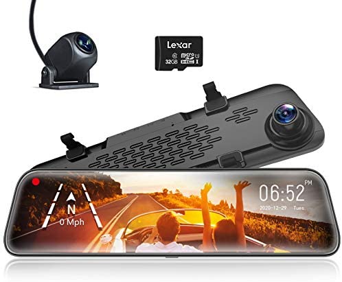 WOLFBOX 12“ Mirror Dash Cam Backup Camera,1296P Full HD Smart Rearview Mirror for Cars & Trucks, Sony IMX335 Front and Rear View Dual Lens, Night Vision, LDWS, Parking Assistance, Free 32GB Card & GPS