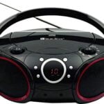 SINGING WOOD 030C Portable CD Player AM FM Analog Tuning Radio with Aux Line in, Headphone Jack, Foldable Carrying Handle (Black with a Touch of Red Rims)