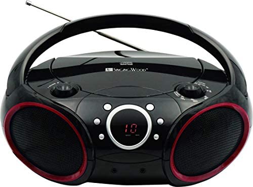SINGING WOOD 030C Portable CD Player AM FM Analog Tuning Radio with Aux Line in, Headphone Jack, Foldable Carrying Handle (Black with a Touch of Red Rims)
