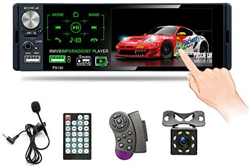 Single Din Car Stereo Receiver Bluetooth Audio & Hands-Free Call Touchscreen Multimedia Car Radio FM/AM/RDS Receiver with Dual USB, Aux Input External Microphone + Wiress Remote Control