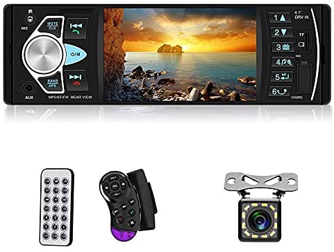 Multimedia Car Stereo Single Din Car Radio 4.1 Inch Digital Screen Bluetooth Audio and Hands Free Calling FM Radio Receiver MP5 Player Support AUX TF USB SWC Remote Control 12 Led Rear View Camera