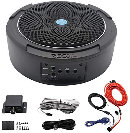 Recoil SL1708 400 Watt 8" Under-Seat Slim Amplified Car Subwoofer with Installation Wiring Kits
