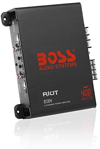 BOSS Audio Systems R1004 4 Channel Car Amplifier – Riot Series, 400 Watts, Full Range, Class A/B, 2 Ohm Stable, IC (Integrated Circuit) Great for Car Speakers and Car Stereos