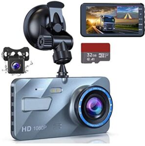 navor Dual Lens Dash Cam Front and Rear 1080P Night Vision Waterproof Backup Camera, 4" IPS LCD Vehicle DVR Recorder with 32GB SD Card