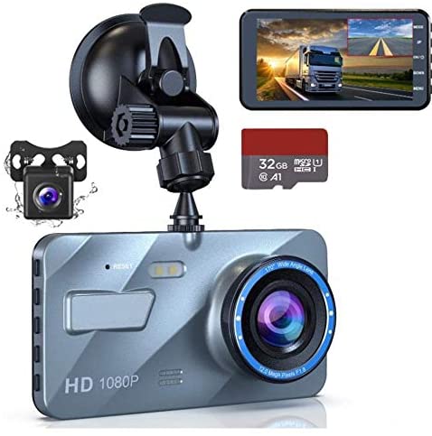 navor Dual Lens Dash Cam Front and Rear 1080P Night Vision Waterproof Backup Camera, 4" IPS LCD Vehicle DVR Recorder with 32GB SD Card