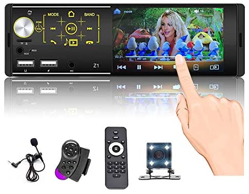 Single Din Touchscreen Radio Bluetooth Car Stereo 4 Inch FM AM Tuner with Rear Microphone Input USB SD AUX Input + Rear View Camera & Steering Wheel Control