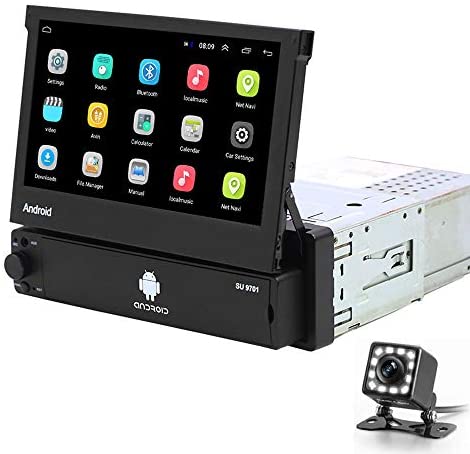 Hikity Android 1 Din Car Stereo 7 Inch Flip Out Touch Screen Radio Receicer Supports FM Bluetooth WiFi GPS Navigation Mirror Link for Phone Android/iOS + Backup Camera