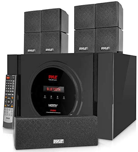 Pyle 5.1 Channel Home Theater Speaker System - 300W Bluetooth Surround Sound Audio Stereo Power Receiver Box Set w/ Built-in Subwoofer, 5 Speakers, Remote, FM Radio, RCA - PT589BT,Black