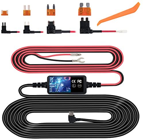 Dash Cam Hardwire Kit, Mini USB Hard Wire Kit Fuse for Dashcam, Plozoe 12V-24V to 5V Car Dash Camera Charger Power Cord, Gift 4 Fuse Tap Cable and Installation Tool（11.5ft