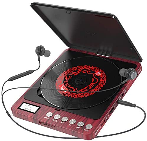 Portable CD Player, 2000mAh Rechargeable Compact Personal CD Player with Double Headphones Jack Support Shockproof/Anti-Skip Protection, Walkman Music Disc Player with Audio Cable (Red)