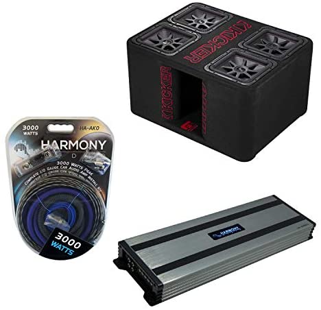 Kicker Bundle Compatible with Universal Vehicle 47QL7R12 12" Quad L7R 4800W Sub Box with HA-A1500.1 Amplifier and HA-AK0 1/0Ga Amp Install Kit