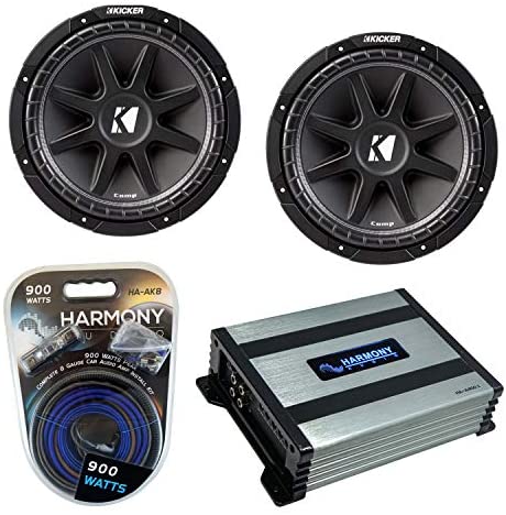 Kicker Bundle Compatible with Universal Vehicle (2) 43C124-N 150W RMS 4 Ohm SVC Car Subwoofer with HA-A400.1 800W Subwoofer Amplifier - 1 Ohm Stable, and HA-AK8 900W Amp Install Kit