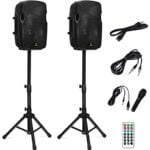 AKUSTIK Dual 2-Way Powered PA Speaker System, Portable DJ Speaker with Active + Passive Speakers, 2 Speaker Stands, Microphone, Bluetooth, USB/SD Card, FM Radio, Remote Control (Dual x 10 Inch)