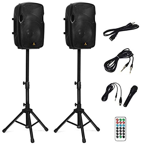 AKUSTIK Dual 2-Way Powered PA Speaker System, Portable DJ Speaker with Active + Passive Speakers, 2 Speaker Stands, Microphone, Bluetooth, USB/SD Card, FM Radio, Remote Control (Dual x 10 Inch)