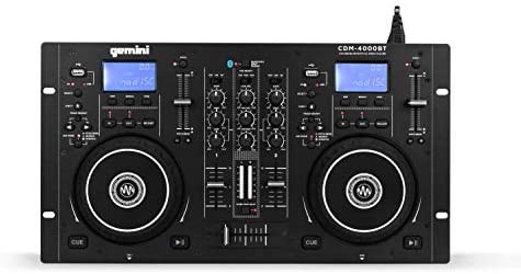 Gemini Sound CDM-4000BT Stand Alone Bluetooth Streaming Professional DJ Dual Deck Media Player Mixer CD/CDR USB Playback 2 Band Equalizer Manual Looping Sensitive Jog Wheels, XLR Output, Anti-Shock