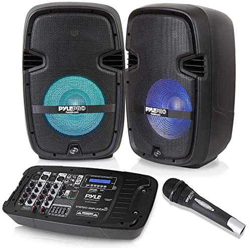 PA Speaker DJ Mixer Bundle - Portable Wireless Bluetooth Sound System w/ USB SD XLR 1/4" RCA Inputs, LED Lights - Dual Speaker, Mixer, Microphone, Stand, Cable - Home/Outdoor- Pyle PPHP210AMX,Black