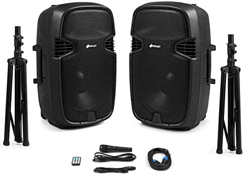 Sonart Portable 3000W Wireless 2-Way Powered PA Speaker System Set, 15-Inch Professional DJ Active + Passive Speaker with Bluetooth, USB/SD Card Input, FM Radio, 2 Speaker Stands, Microphone