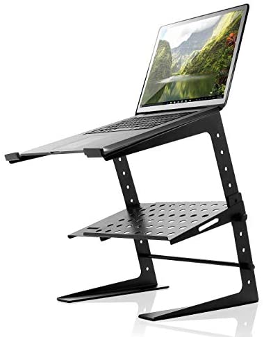 Pyle Portable Adjustable Laptop Stand - 6.3 to 10.9 Inch Standing Table Monitor or Computer Desk Workstation Riser with Shelf Storage and Height Alignment for DJ, PC, Gaming, Home or Office - PLPTS26