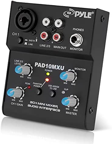 Pyle 2-Channel Audio Mixer - DJ Sound Controller Interface with USB Soundcard for PC Recording, XLR and 3.5mm Microphone Jack, 18V Power, RCA Input and Output for Professional and Beginners - PAD10MXU