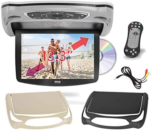 Car Roof Mount DVD Player Monitor 13.3 inch Vehicle Flip Down Overhead Screen- HDMI SD USB Card Input with Built-in IR Transmitter for Wireless IR Headphone, 3 Style Colors - Pyle PLRD146