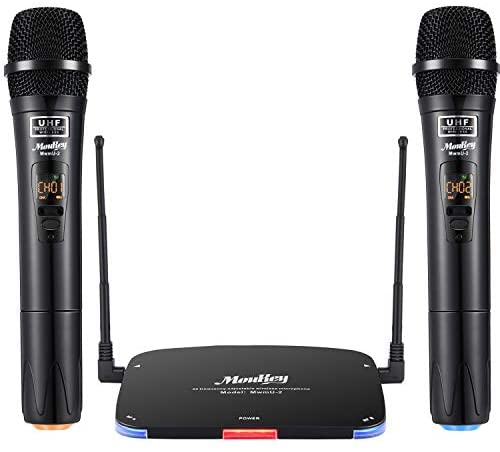 Moukey Wireless Microphone, UHF Karaoke Microphone with 2 Mics, Dynamic Handheld Cordless Microphone, Rechargeable, 262ft Range, Microphones for Singing/Voice Amplifier/PA System/Karaoke/DJ/Church.
