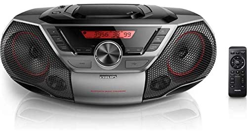 Philips Portable Boombox CD Player Bluetooth FM Radio MP3 Mega Bass Reflex Stereo Sound System with NFC, 12W, USB Input, Headphone Jack, and LCD Display