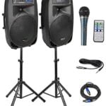 Knox Dual 15" Speakers, 600 Watt - 8 Piece Portable PA System - Microphone, Tripods, Remote Control - Bluetooth, USB, SD Card, RCA and 1/4" Inputs - Colorful LED Lights