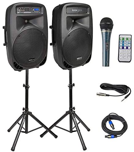 Knox Dual 15" Speakers, 600 Watt - 8 Piece Portable PA System - Microphone, Tripods, Remote Control - Bluetooth, USB, SD Card, RCA and 1/4" Inputs - Colorful LED Lights
