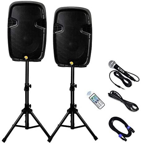 La fete Dual 2-Way 2000 Watts Powered PA Speaker System, 12'' Portable DJ Speaker with Active + Passive Speakers, 2 Speaker Stands, Microphone, Bluetooth, USB/SD Card, FM Radio, Remote Control