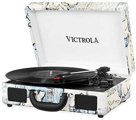 Victrola Vintage 3-Speed Bluetooth Portable Suitcase Record Player with Built-in Speakers | Upgraded Turntable Audio Sound| Includes Extra Stylus | Retro Map (VSC-550BT-P4)