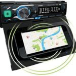 Jensen MPR419Q 7 Character LCD Single DIN Car Stereo Receiver Motorized Phone Mount with Qi Wireless Charging Push to Talk Assistant Bluetooth USB