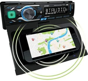 Jensen MPR419Q 7 Character LCD Single DIN Car Stereo Receiver Motorized Phone Mount with Qi Wireless Charging Push to Talk Assistant Bluetooth USB