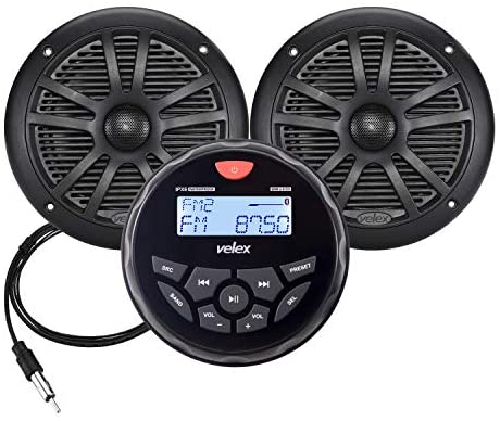 Marine Audio System Stereo Speaker Package, Bluetooth, MP3 USB AM FM Marine Stereo - 2 x 6.5 Inch Black Speakers, Antenna
