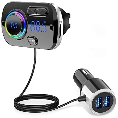 Bluetooth FM Transmitter for Car,Bluetooth Car Adapter QC3.0,Wireless Bluetooth 5.0 FM Transmitter Audio Adapter with LED Backlit Dual USB Ports,MP3 Music Player Hand-Free Calls Suport TF Card AUX