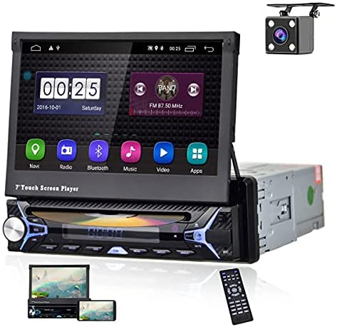 Car Stereo Single Din Android Car Radio with DVD Player Bluetooth WiFi FM/AM Radio GPS Navigation 7’’ Flip-Out Touch Screen in Dash Head Unit AUX-in USB MirrorLink Car Multimedia Player Backup Camera