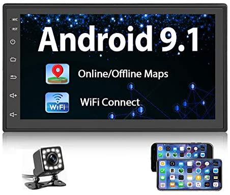 Podofo Double Din Android 9.1 Car Radio 7'' TFT Touch Screen GPS Navigation 1G+16G Indash Car Stereo Support Bluetooth FM WiFi Steering Wheel Control Dual USB + 12 LEDs Rear View Camera
