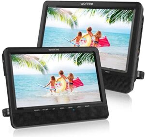 WONNIE 10'' Car Dual Portable DVD Players, 1024x800 HD LCD TFT, USB/SD/MMC Card Readers, Built-in 5 Hours Rechargeable Battery, Stereo Sound, Regions Free, AV Out & in