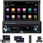 CAMECHO Android 10.0 Single Din Car Stereo Bluetooth Car DVD/CD Player 7 inch Retractable & Flip out touchscreen Radio Build-in GPS WiFi Support Android iOS Mirror Link with FM/AM/USB/SD/Backup Camera