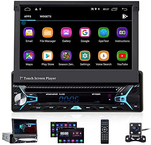 CAMECHO Android 10.0 Single Din Car Stereo Bluetooth Car DVD/CD Player 7 inch Retractable & Flip out touchscreen Radio Build-in GPS WiFi Support Android iOS Mirror Link with FM/AM/USB/SD/Backup Camera