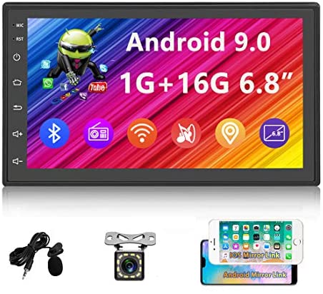 UNITOPSCI Android Car Stereo Double Din Car Radio with GPS Bluetooth 6.8” Capacitive Touch Screen Indash Navigation Head Unit Support Wi-Fi FM Radio Mirror Link for Android/iOS + 12 LEDs Backup Camera