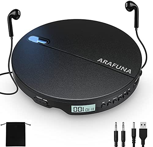 Portable CD Player, Discman CD Player for Home Car Travel with Stereo Headphones Wired Controller 3.5mm Aux Cable, ARAFUNA Anti-Skip Shockproof LCD Display Compact Walkman CD Player for Kids Black