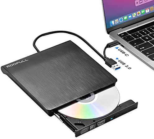 ROOFULL USB 3.0 & USB-C External CD DVD Drive Portable DVD/CD ROM +/-RW Optical Drive Player Burner Reader Writer for Windows 10/8/7 Laptop Desktop PC and Apple MacBook Pro/ Air, iMac, Mac Mini
