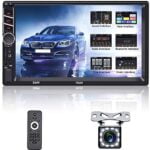 Double Din Car Stereo Compatible with Car Play, 7 Inch HD Touch Screen Multimedia Head Unit MP5 Receiver with Bluetooth FM Support AUX/USB//TF Card + Backup Camera