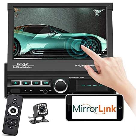 Podofo Single Din Car Stereo Bluetooth 7 Inch Touchscreen Motorized Retractable Car Radio in-Dash MP5 Player Support FM AUX USB SD Mirror Link with Backup Camera