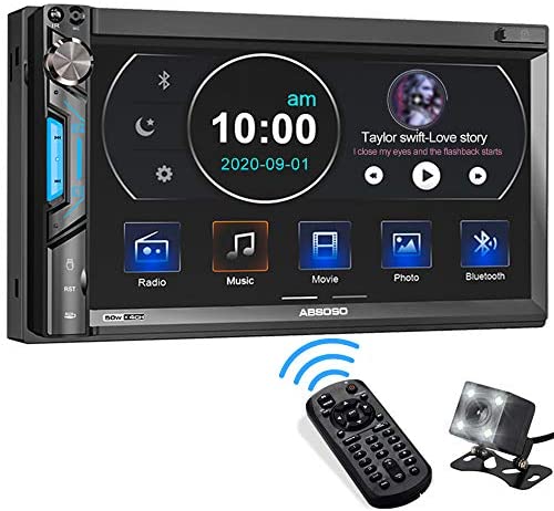 Double Din Car Stereo System, ABSOSO 7 Inch HD Touchscreen MP5 Car Player, Bluetooth Car Radio Receiver Supports PhoneLink, Rear Front View Camera, AM/FM, USB/SD/AUX Input, Steering Wheel Control