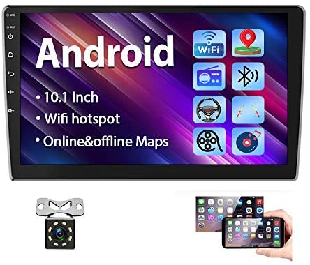 Podofo 10.1 Inch Android Car Stereo Double Din GPS Car Radio HD 2.5 D Tempered Glass Mirror Multimedia MP5 Player Support Bluetooth WiFi FM Radio Dual USB Mirror Link with Backup Camera
