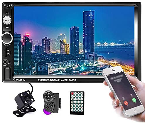 Hikity Double Din Car Stereo 7 Inch Touch Screen Radio Bluetooth FM Receiver Support Mirror Link for Android iOS Phone with USB AUX-in TF Card Port + Backup Camera and Remote Control